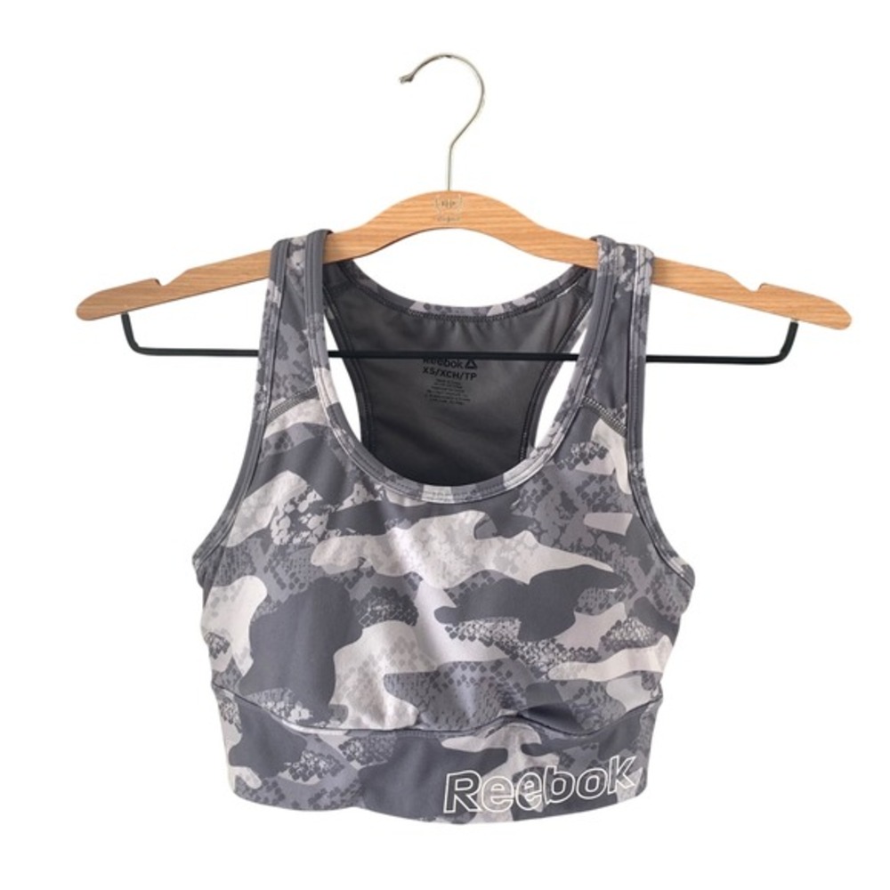 Reebok Sports Bra XS Camo Racerback Phone Pocket Removable‎ Cups Activewear
